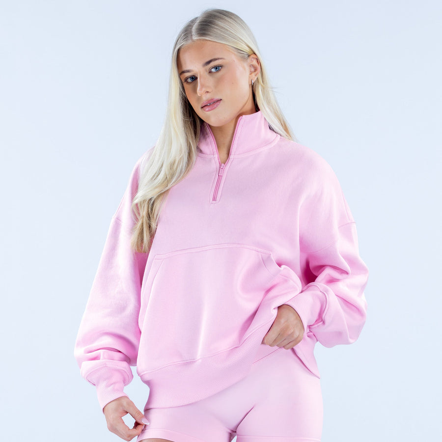 Sweat quart de zip Signature Rose pâle